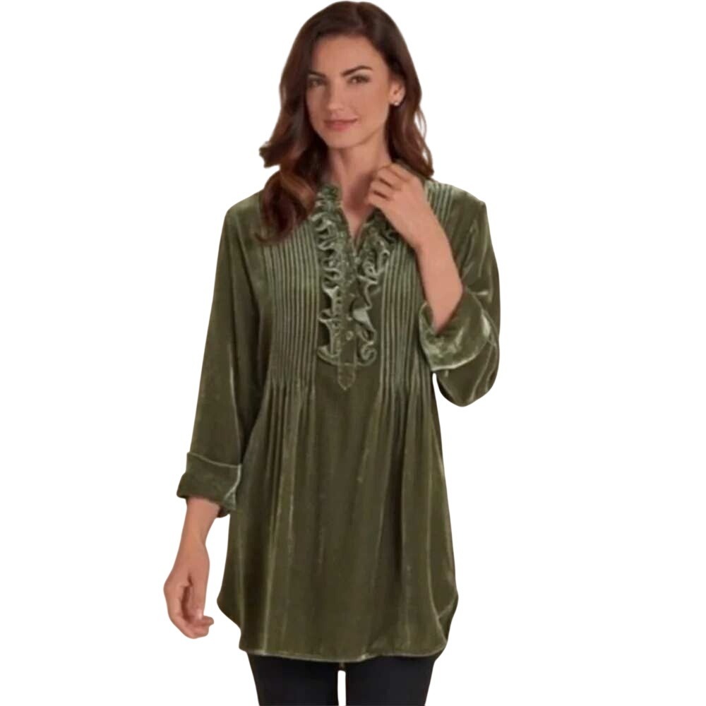 Soft Surroundings‎ Verona Velvet Tunic Ruffled Olive Green Pintuck Tunic 27438 L